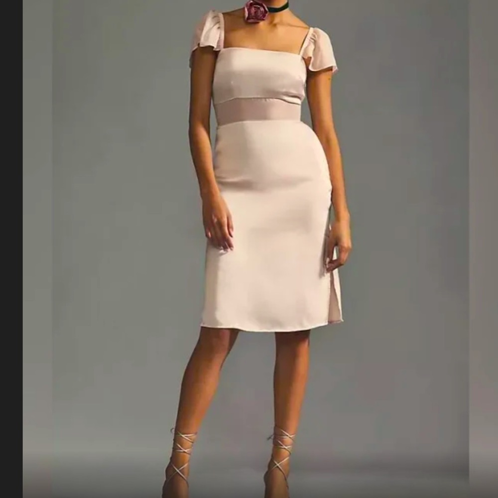 Anthropologie | Flutter Sleeve Satin Sheath Dress Side slits | Women 14 | NWT